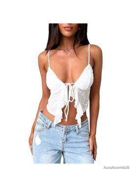 V Neck Lace Trim Tie Up Camisole Crop Top Sleeveless Summer Tank